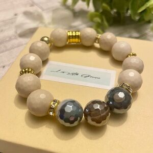 Cream Sandstone and Grey Plated Brown Faceted Agate 14mm Bracelet, gold accents